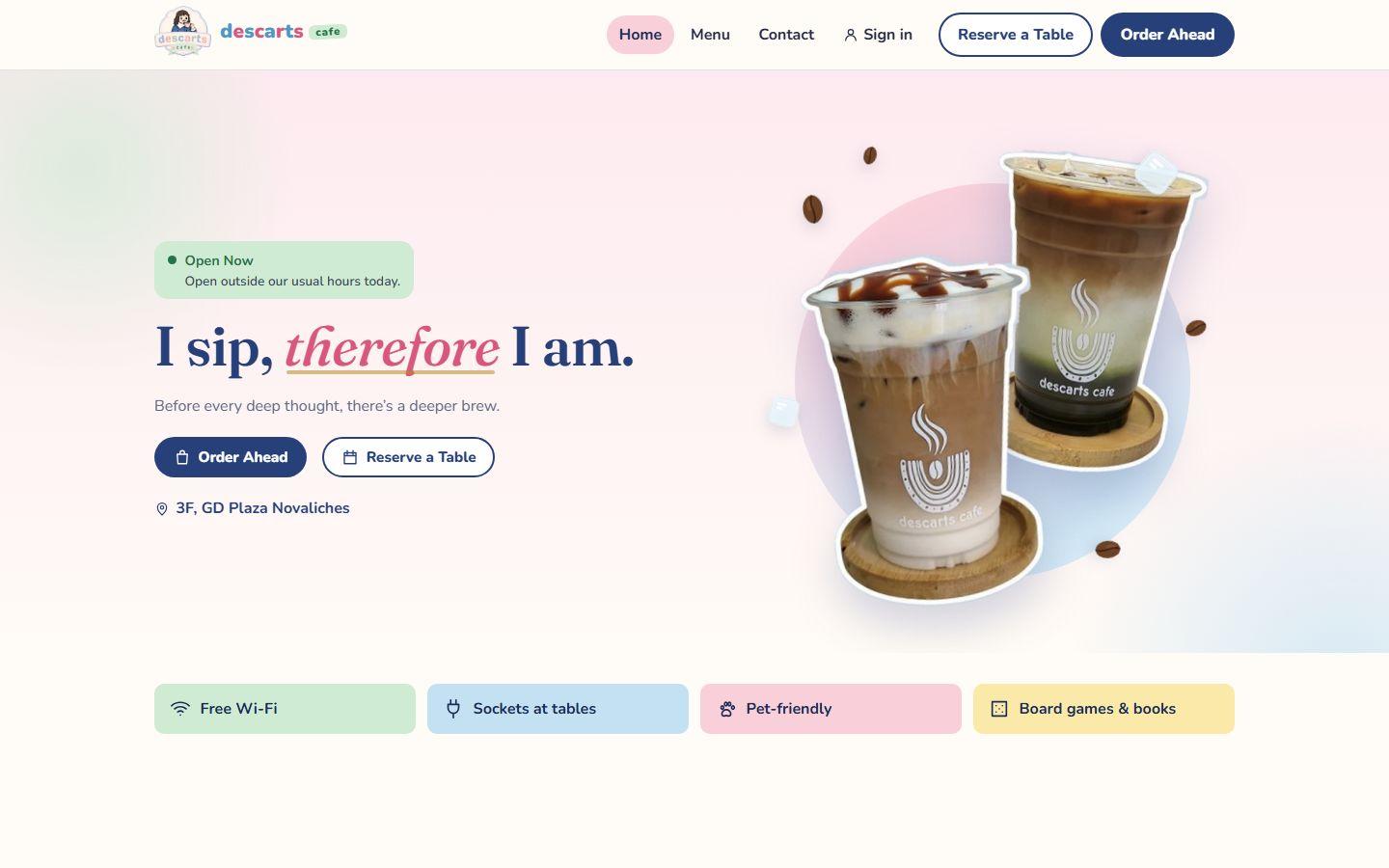 Homepage of the Descarts Cafe website